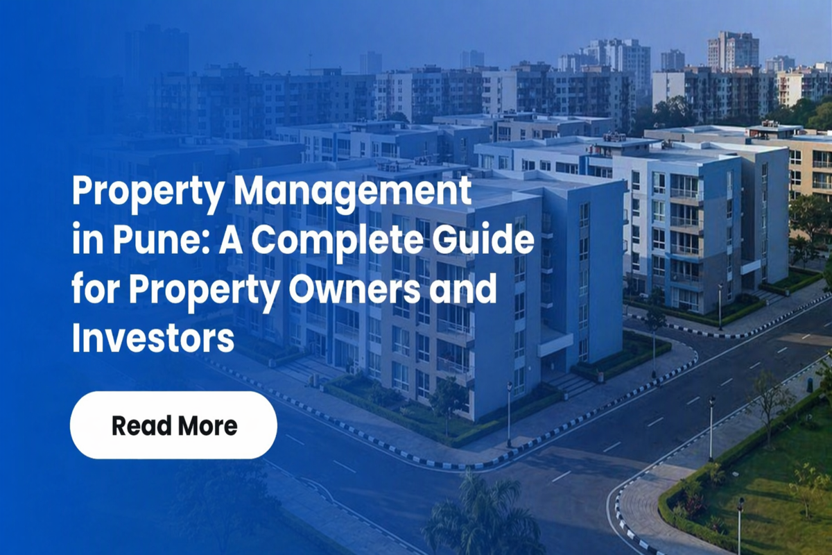 Property Management in Pune guide banner with modern residential buildings and blue overlay design